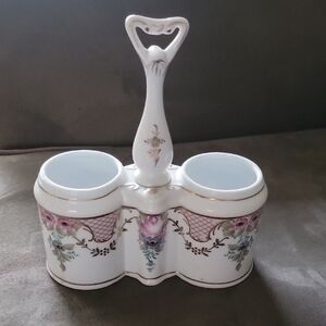T.Limoges Porcelain Double Condiment Server with Handle - Floral Gold Trim